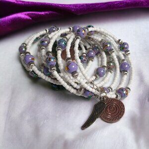 Purple Beach Core Coil Memory Wire Beaded Women Bracelet Silver Tone Jewelry